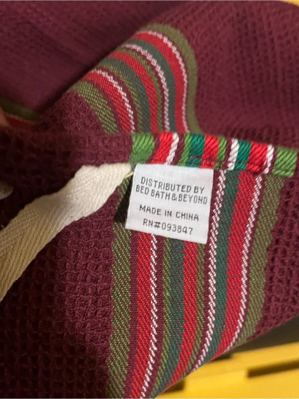 Bed Bath & Beyond Burgundy kitchen Towel with Red, Green and White Stripes